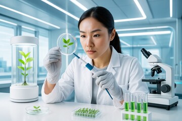 Poster - Female scientist examining green leaf in petri dish using pipette in futuristic laboratory with microscope and test tubes on white background. Ai generative