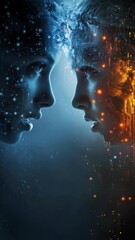 Poster - A beautiful woman and an AI robot facing each other, concept of integration between humans and artificial intelligence