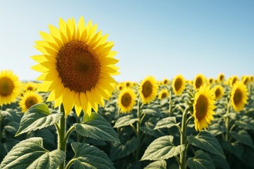 Wall Mural - bright sunflower in full bloom standing tall in a vibrant green field under clear blue sky, represen
