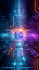 Poster - A futuristic abstract technology background with neon lights and glowing circuit lines