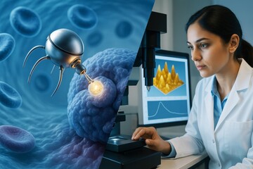 Poster - Futuristic nanotechnology research with female scientist analyzing data on microscope and nanobot interacting with cell in medical science lab environment. Ai generative
