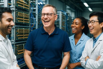 Poster - Team of scientists and engineers laughing together near server racks in high-tech laboratory with bright lighting and technical background. Ai generative
