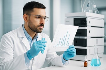 Poster - Scientist analyzing chromatography results while holding test tube in laboratory with modern equipment, on light science background. Ai generative