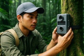 Poster - Young researcher in forest setting up wildlife camera trap on tree trunk for ecological study and animal monitoring in natural environment. Ai generative