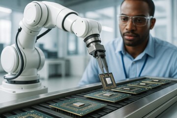 Poster - Robotic arm assembling microchips on conveyor belt in high-tech laboratory as engineer observes closely in bright science background setting. Ai generative