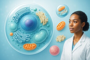 Poster - Female scientist in lab coat observing colorful human cell structure on light blue background in modern science concept illustration. Ai generative