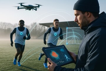 Poster - Futuristic sports training with drone and tablet-based performance tracking on foggy field background with digital light data concept overlay. Ai generative
