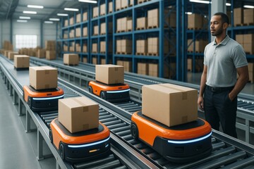 Poster - Automated robots transporting boxes in high-tech warehouse with man supervising on modern industrial background under bright lighting setup. Ai generative