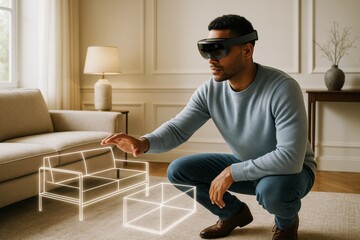 Poster - Man using augmented reality headset to interact with virtual furniture in a cozy living room setting with soft natural lighting and modern decor. Ai generative