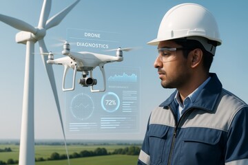 Poster - Engineer using drone diagnostics for wind turbine inspection with futuristic technology interface in bright daylight on green field background. Ai generative