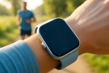 Poster - Close-up of blank smartwatch screen on wrist with jogger in background on sunny day in park, ideal for health and tech presentation mockups. Ai generative