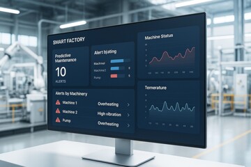 Poster - Smart factory dashboard screen showing industrial predictive maintenance data and machine alerts in a modern automated light tech background. Ai generative