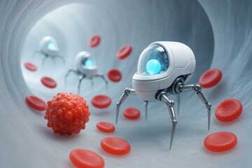 Poster - Tiny medical nanobots navigating through red blood cells and targeting a cancer cell inside a blood vessel on a soft abstract light background. Ai generative