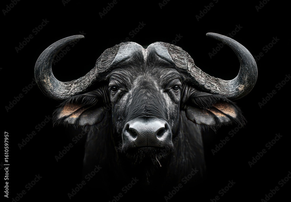 Close-Up Portrait of Majestic African Buffalo with Intense Expression Against Dark Background