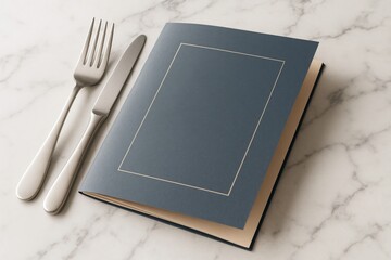 Poster - Mockup of blank dark blue menu with elegant border beside cutlery on marble background for restaurant branding or presentation concept. Ai generative