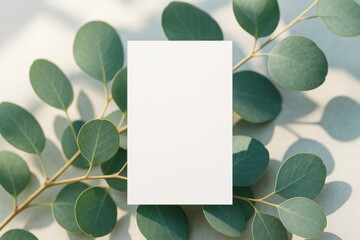 Poster - Blank white card mockup on green eucalyptus leaves with soft light and shadows on neutral background, ideal for natural branding presentation concept. Ai generative