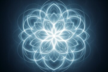 Poster - Abstract glowing geometric light flower pattern with radiant symmetry on dark background, futuristic energy bloom concept design. Ai generative