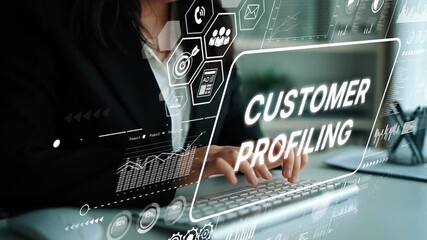 Poster - Business Person Engaged in Customer Profiling with Digital Interface and Data Visualization Elements. Asymptotic smart data analytic.