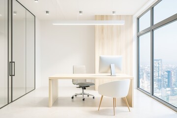 Poster - Minimalist modern office interior with bright lighting, wooden desk, computer screen, and large windows overlooking city buildings in daylight.