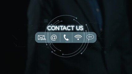 Poster - A modern concept illustrating digital communication with a 'Contact Us' theme. The image features icons representing email, phone, and messaging on a dark background. Qubit