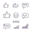 © Henry - Survey Feedback and Responses line art icons. Thumbs up, thumbs down, smiley face, neutral face, sad face, star rating, text comment, response graph, completed survey icon, answer