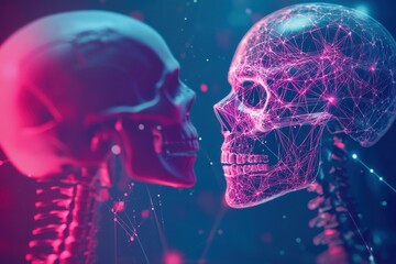 Poster - Virtual connection between human and robot skull represents the fusion of technology and humanity, Robot and human skull with digital network virtual elements