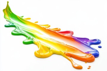 Poster - Fluid simulation of spilled rainbow colors creating a vibrant, artistic design on a white surface, rainbow colors, fluid simulation spilled paint color ocher pistachio