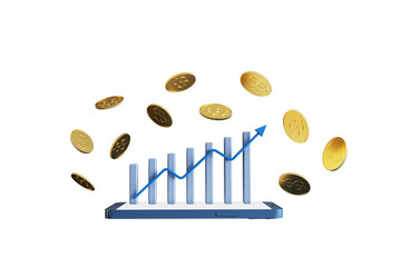 Poster - Smartphone with rising bar graph and upward arrow surrounded by golden coins, isolated on white background. Concept of digital financial growth. 3D Rendering