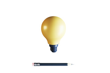 Poster - Yellow lightbulb and black pencil isolated in 3D Rendering style on a white background, representing creative design, invention, and business inspiration