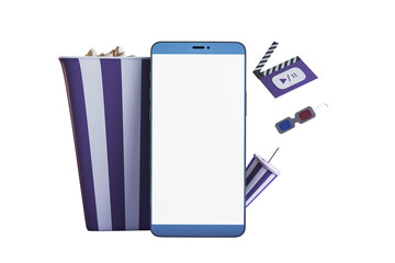 Poster - Smartphone with blank screen, striped popcorn bucket, soda cup, 3D glasses, and clapperboard on clean white background. Cinema streaming layout. 3D Rendering