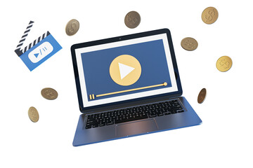 Poster - Laptop with video player screen, gold play button, coins, and clapperboard isolated on white background. Concept of streaming income. 3D Rendering