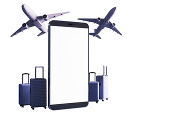 Poster - Mobile phone mockup with empty screen, surrounded by suitcases and airplanes in 3D Rendering style on isolated white background, travel concept