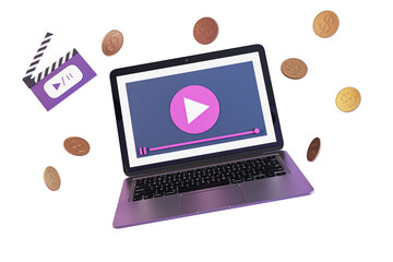 Poster - Purple laptop with play icon on screen, floating coins and clapperboard, isolated on white background. Concept of video blogging and monetization. 3D Rendering