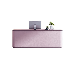 Poster - Reception counter with monitor, potted plants, and minimal decor in clean design style on white background. Concept of office interior branding. 3D Rendering