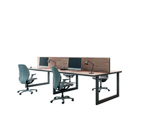 Poster - Dual office workstation with wooden desk, partition, swivel chairs, monitors, and lamps in clean layout on white background. 3D Rendering