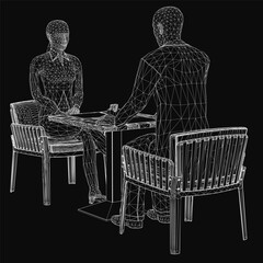 Poster - A 3D wireframe model of a man and woman sitting at a restaurant table surrounded by chairs. The dark background creates a mysterious atmosphere with subtle lighting.