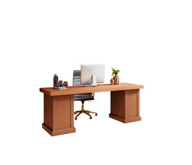 Poster - Wooden office desk with chair, monitor, books, glassware, and plant in clean realistic style on white background. Concept of workspace layout. 3D Rendering