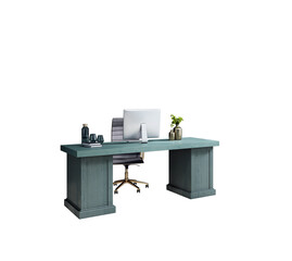 Poster - Contemporary office desk with monitor, chair, books, and decor items in clean layout style isolated on white background. 3D Rendering