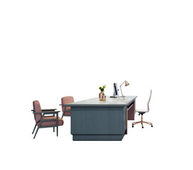Poster - Executive office desk with desktop computer, desk lamp, chair, and guest seats in a clean layout on a white background. Office work concept. 3D Rendering