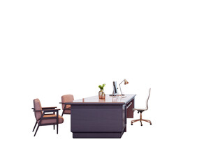 Poster - Office desk with executive chair, guest chairs, computer, and decor isolated on white background. 3D Rendering for business workspace layout