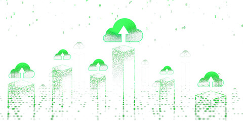 Poster - Green cloud upload icons above digital cube blocks, floating binary code on white background, concept of cloud computing and data exchange, 3D Rendering