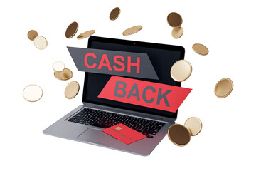 Poster - Laptop with cashback text on screen, flying coins and credit card element, clean isolated layout on white background. Business finance concept. 3D Rendering.