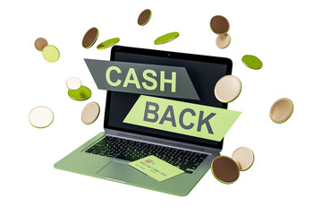 Poster - Open laptop with cashback text on screen, flying coins around, green credit card on keyboard, isolated on white background, 3D Rendering