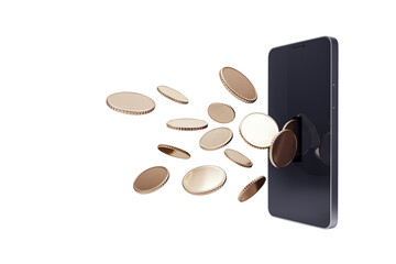 Poster - Smartphone with coins flying out of screen, 3D Rendering style, isolated on white background. Concept of mobile money, finance, or digital wallet