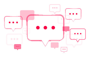 Poster - Red outlined speech bubbles with three dots inside, clean modern graphic style, on isolated white background, concept of message and communication, 3D Rendering