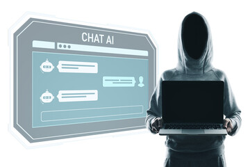 Poster - Anonymous hooded person holding laptop with chatbot interface in digital style on white background, concept of AI, hacking, and cybersecurity