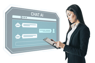 Poster - Businesswoman using tablet interacting with chat AI interface, modern flat style on white background, concept of digital communication and UX design