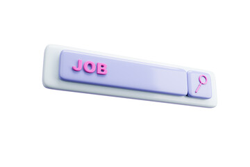 Poster - Job search bar icon with pink text and magnifying glass in pastel 3D style, isolated on white background, concept of online employment search, 3D Rendering