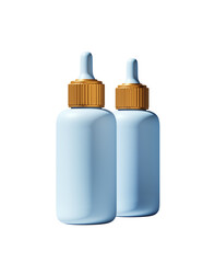 Poster - Two blue dropper bottles with gold caps isolated on white background, clean minimal layout for cosmetic or medical branding mockup. 3D Rendering