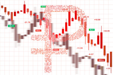 Poster - Red candlestick stock chart forming ruble symbol with trading signals on isolated white background, financial concept layout. 3D Rendering